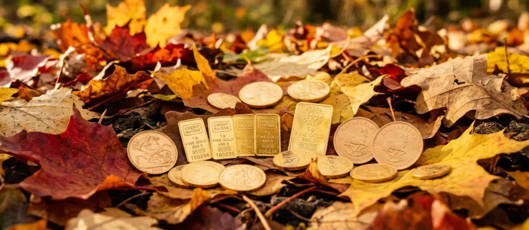 Goldbarren, -münzen & Herbstblätter
